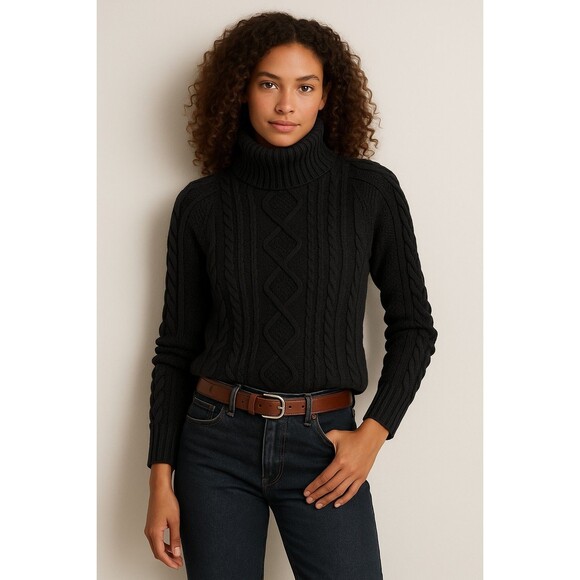 Vintage Black Sweater Womens L Cable Knit Fishermans Pullover Turtleneck Cotton - Picture 1 of 10